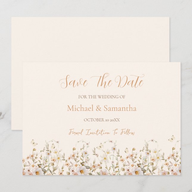 Reserva La Fecha Boda de flores silvestres marfil y rubor (Anverso / Reverso)