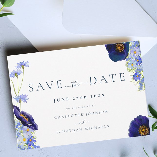 Reserva La Fecha Boda de flores silvestres modernas (Elegant wildflower watercolor blue wedding save the date invitation boho Garden meadow flowers)