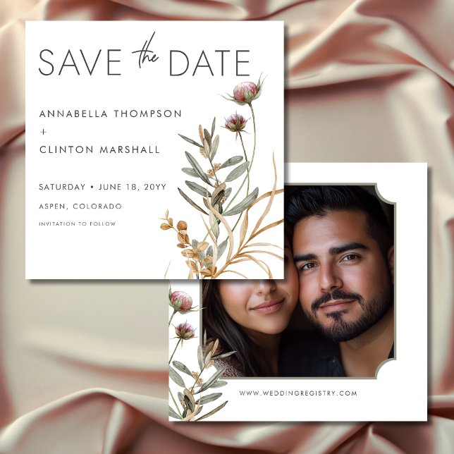 Reserva La Fecha Boda de flores silvestres rusas de Boho Delicate F (Rustic Boho Delicate Fall Wildflower Wedding Photo Save The Date)