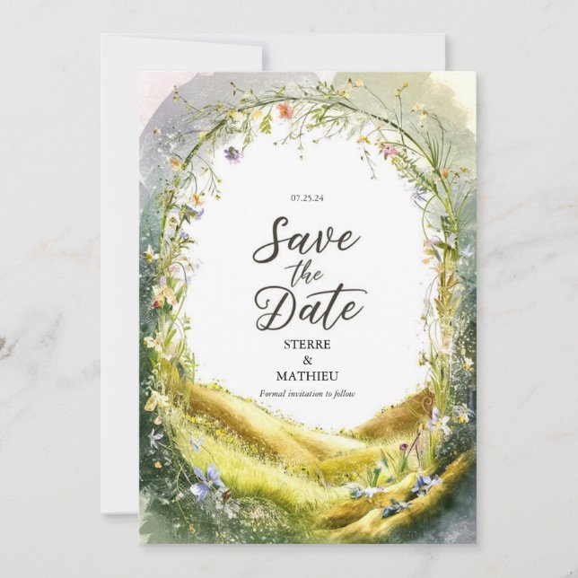 Reserva La Fecha Boda de flores silvestres rusticas alegres (Anverso)