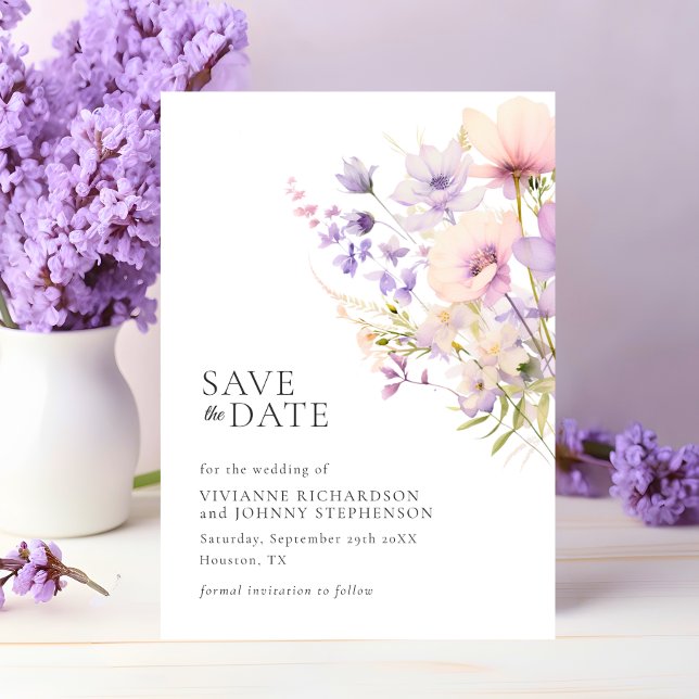 Reserva La Fecha Boda de flores silvestres violáceas púrpuras de La (Pastel Lavender Purple Violet Wild Flowers Wedding Save The Date)