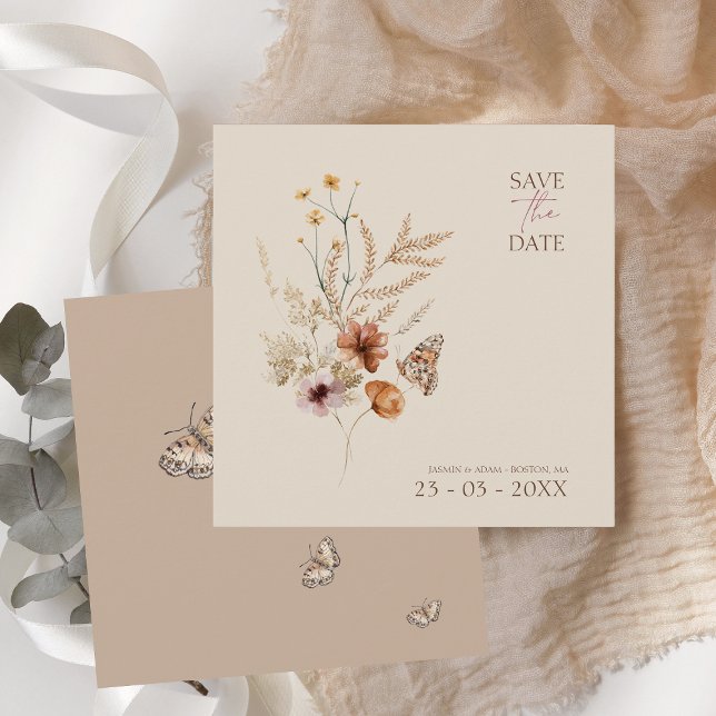 Reserva La Fecha Boda de flores silvestres y mariposas Boho Brown (Boho Brown Wildflowers and Butterflies Wedding Save The Date)