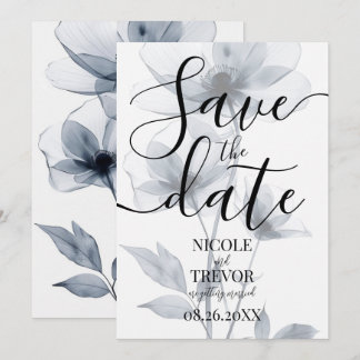 Reserva La Fecha Boda de flores translúcidas azules personalizadas