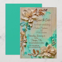 Reserva La Fecha boda de flores verde azuladas y beige
