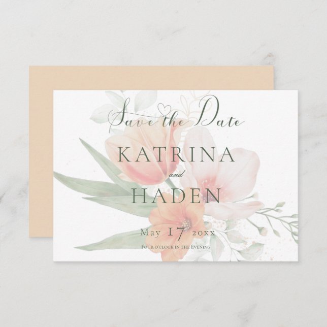 Reserva La Fecha Boda de Flores Verdes Peach & Sage (Anverso / Reverso)