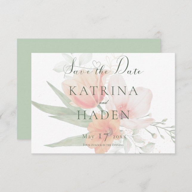 Reserva La Fecha Boda de Flores Verdes Peach & Sage (Anverso / Reverso)