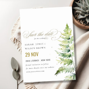 Reserva La Fecha Boda de Foliage de Green Gold Watercolor Fern