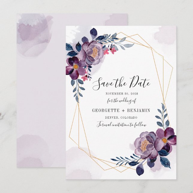 Reserva La Fecha Boda de follaje floral geométrico púrpura (Anverso / Reverso)