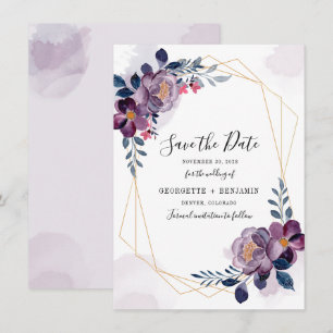 Reserva La Fecha Boda de follaje floral geométrico púrpura