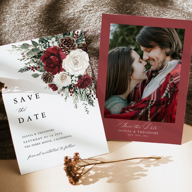 Reserva La Fecha Boda de Fondo Floral de Invierno de Borgoña (Burgundy winter floral photo save the date card, rustic elegant watercolor wedding announcement)