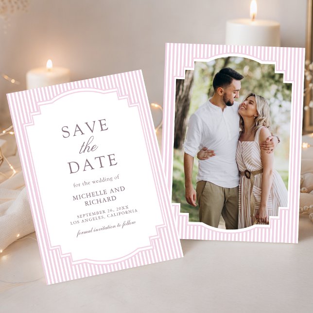 Reserva La Fecha Boda de foto a rayas de lavanda pastel (Subido por el creador)