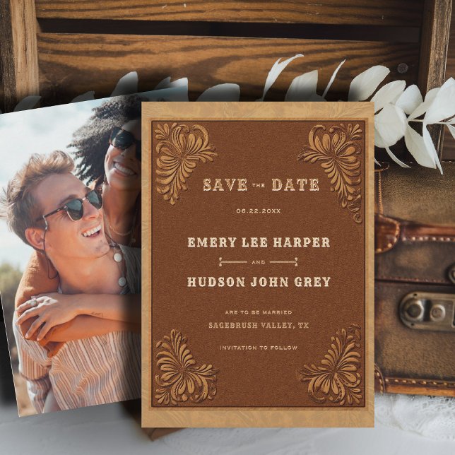 Reserva La Fecha Boda de Foto de Cuero Rústico Occidental (country rustic cowboy wedding save the date faux tooled leather terracotta rust western barn)