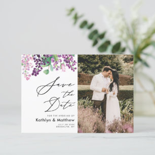 Reserva La Fecha Boda de Foto de Escritura de Acuarela Floral Púrpu