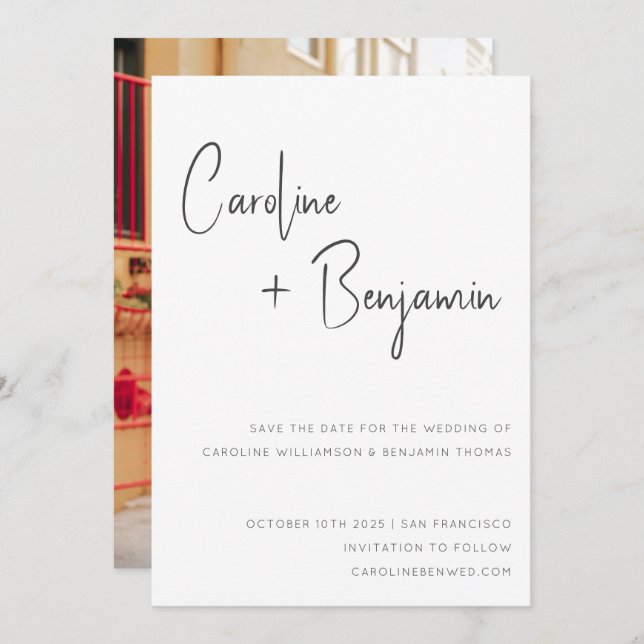 Reserva La Fecha Boda de foto de guión blanco y negro moderno simpl (Anverso / Reverso)