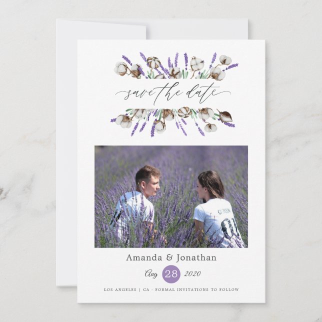 Reserva La Fecha Boda de foto de lavanda de algodón (Anverso)