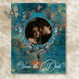 Reserva La Fecha Boda de foto de oro Verde azulado de la antigüedad