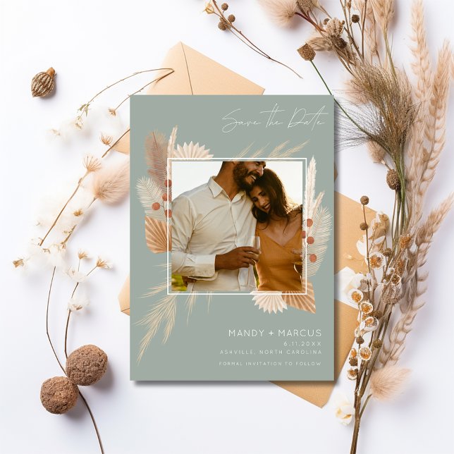 Reserva La Fecha Boda de foto de otoño de Sage (Fall Autumn Outdoor Wedding Photo Save The Date)