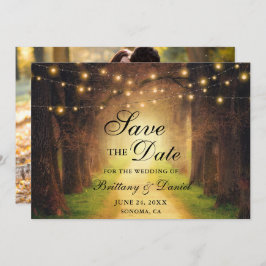Reserva La Fecha Boda de foto de Rustic Forest Path String Lights