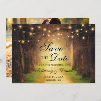 Reserva La Fecha Boda de foto de Rustic Forest Path String Lights