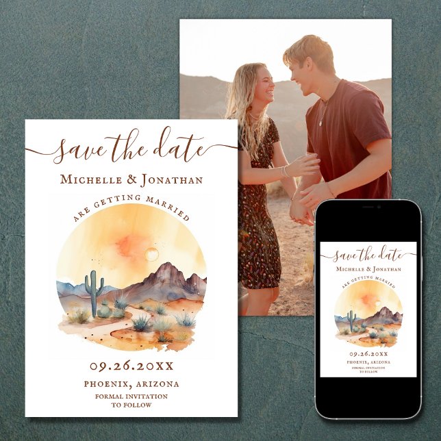 Reserva La Fecha Boda de FOTO del desierto del suroeste de Watercol (Printed and Digital - Watercolor Southwestern Desert PHOTO Wedding Save The Date)