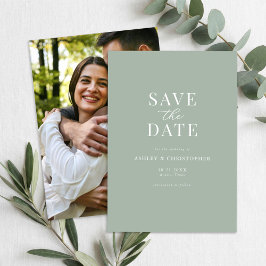 Reserva La Fecha Boda de Foto Elegante Verde Salvia Simple