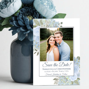 Reserva La Fecha Boda de Foto Floral Boho de Acuarela Azul Polvorie
