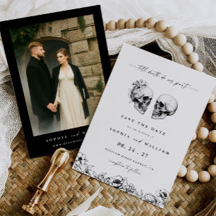 Reserva La Fecha Boda de foto floral de cráneo gótico hasta la muer