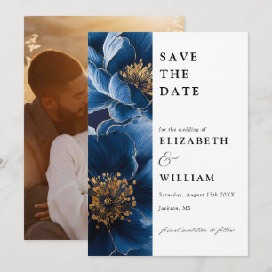 Reserva La Fecha Boda De Foto Floral Dorada Y Azul Marino Moderno