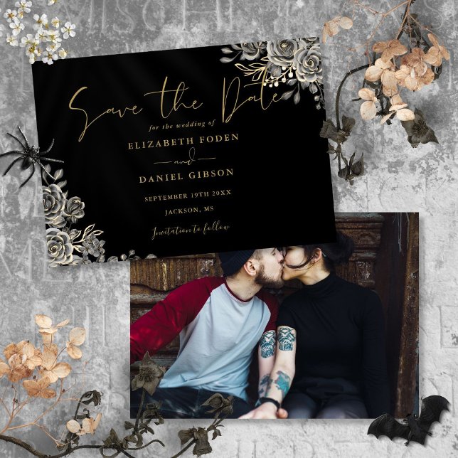 Reserva La Fecha Boda de foto floral gótica en negro y dorado (Black And Gold Gothic Floral Photo Wedding Save The Date)