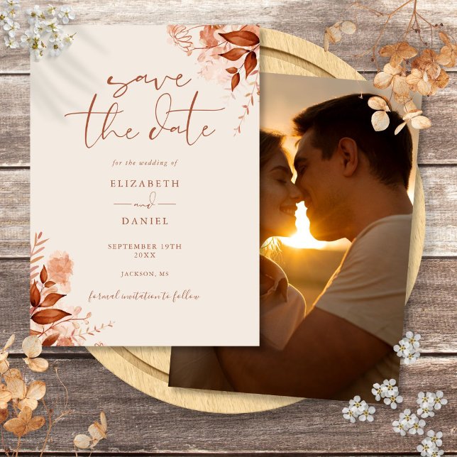 Reserva La Fecha Boda de Foto Floral Rústica de Otoño (Autumn Fall Rustic Floral Photo Wedding Save The Date)