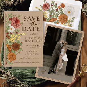 Reserva La Fecha Boda de foto Kraft rústica floral de otoño vintage