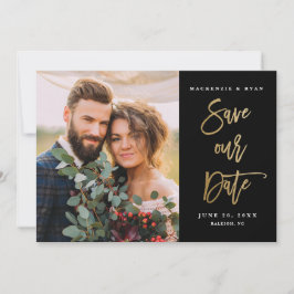 Reserva La Fecha Boda de Foto Negra Caligrafía en Oro Moderno