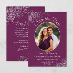 Reserva La Fecha Boda de foto ovalada elegante magenta ciruela y pl