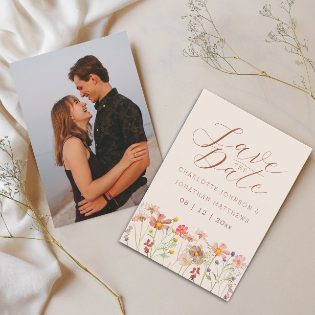 Reserva La Fecha Boda de Foto Pradera de Flores Silvestres de Otoño (Boho chic wildflower meadow watercolor rustic florals photo wedding save the date card)