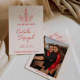 Reserva La Fecha Boda de Foto Retro de Dinero Antiguo Rojo Dibujado