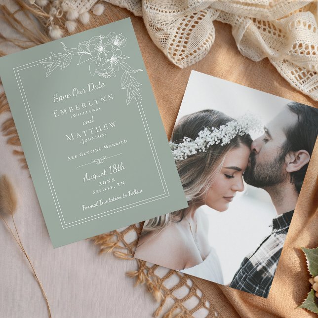 Reserva La Fecha Boda de Foto Verde Salvia Botánica Moderna (Modern Botanical Sage Green Photo Wedding Save The Date)