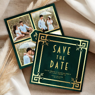 Reserva La Fecha Boda de Fotocollage Art Déco en Verde Esmeralda y