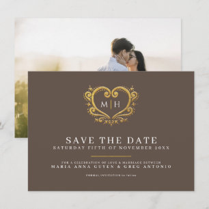 Reserva La Fecha Boda de fotografía de corazón dorado marrón