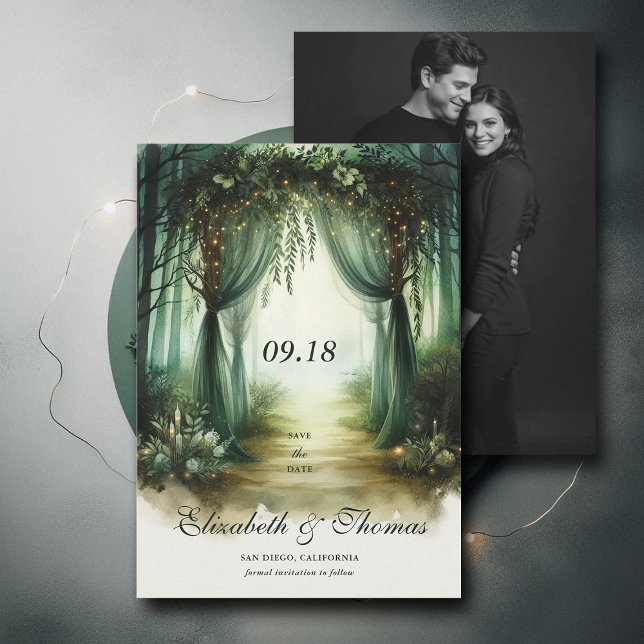 Reserva La Fecha Boda de fotografía de Forest Moody Woodland encant (enchanted forest woodland wedding save the date arch canopy calligraphy fairy tale magic moody green)