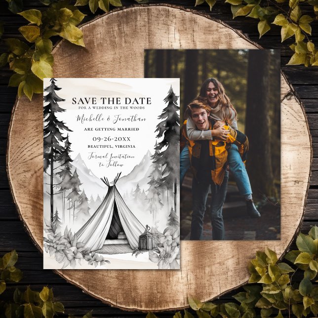 Reserva La Fecha Boda de fotografía de la selva de montaña Glamping (Glamping Camping Mountain Forest Photo Wedding Save The Date)