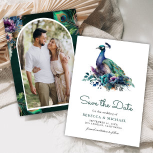 Reserva La Fecha Boda de fotografía de pavo real floral verde esmer