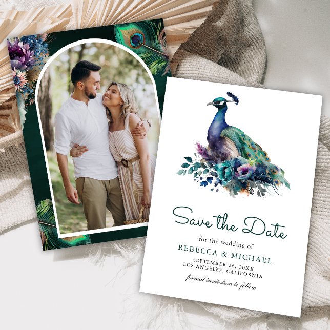 Reserva La Fecha Boda de fotografía de pavo real floral verde esmer (Subido por el creador)