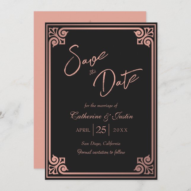 Reserva La Fecha Boda de fotografía de pavo real negro rosado en Ar (Anverso / Reverso)