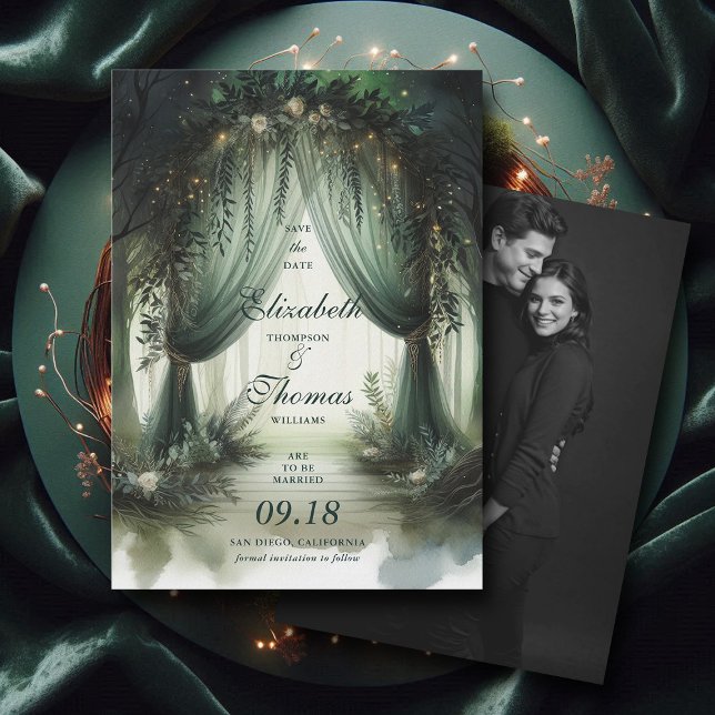 Reserva La Fecha Boda de fotografía de sueño de Moody elegante fore (enchanted forest woodland wedding save the date arch canopy calligraphy fairy tale elegant moody)