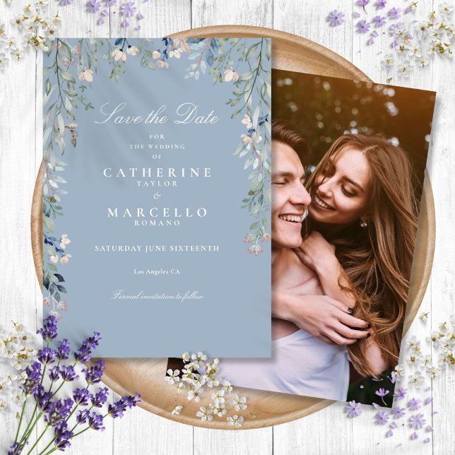 Reserva La Fecha Boda de fotografía floral Dusty Blue Wildflowers (Dusty Blue Wildflowers Floral Photo Wedding Save The Date)