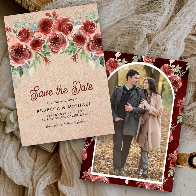 Reserva La Fecha Boda de fotografía floral Rustic Burlap Marsala (Subido por el creador)