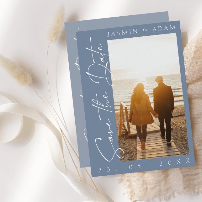 Reserva La Fecha Boda de fotografía moderna con guión azul turbio (Subido por el creador)