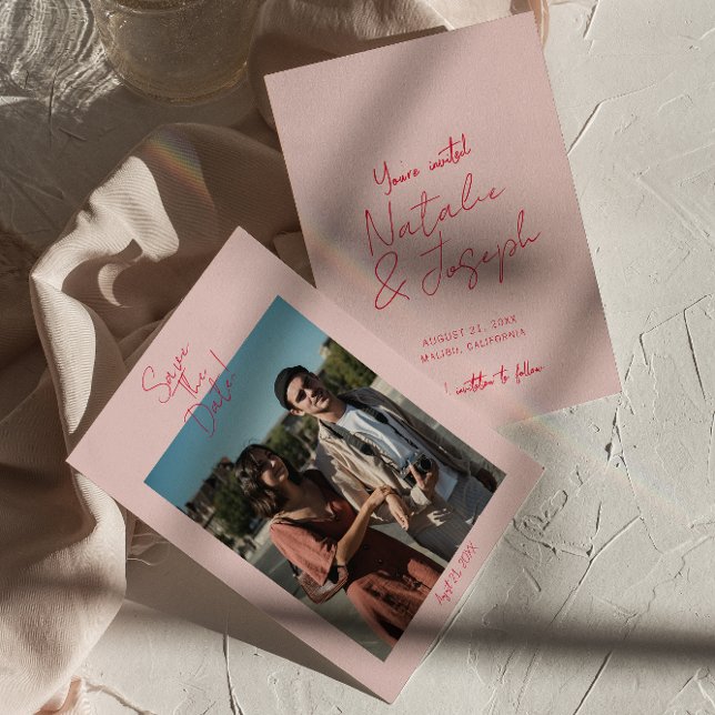 Reserva La Fecha Boda de fotografía moderna de Retro Rojo Rosa (Subido por el creador)