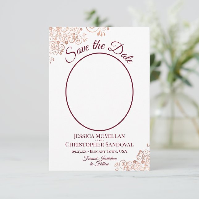Reserva La Fecha Boda de fotografía Rosa Gold Lace y Burgundy Oval (Anverso de pie)