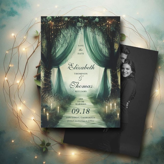 Reserva La Fecha Boda de fotografía siniestra de Moody Dark (enchanted forest woodland wedding save the date arch canopy calligraphy fairy tale elegant dark mood)